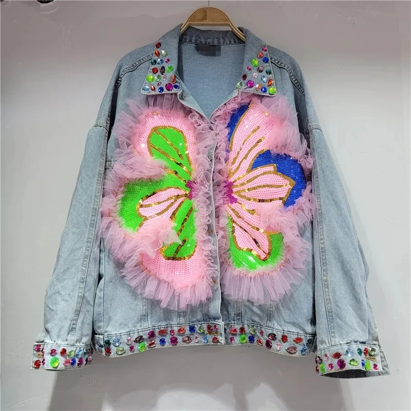 

Весна-Осень 2023, новая тяжелая промышленная джинсовая куртка с блестками и цветочной вставкой, Женская Повседневная Свободная джинсовая куртка, топы