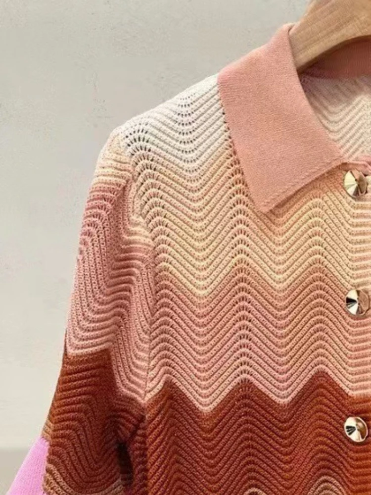 

2023 Spring Summer New Women Pajama Sets Ruffled Knitted Wave Stripe Drawstring Elastic Waist Shorts with Cardigan Elegant Suits