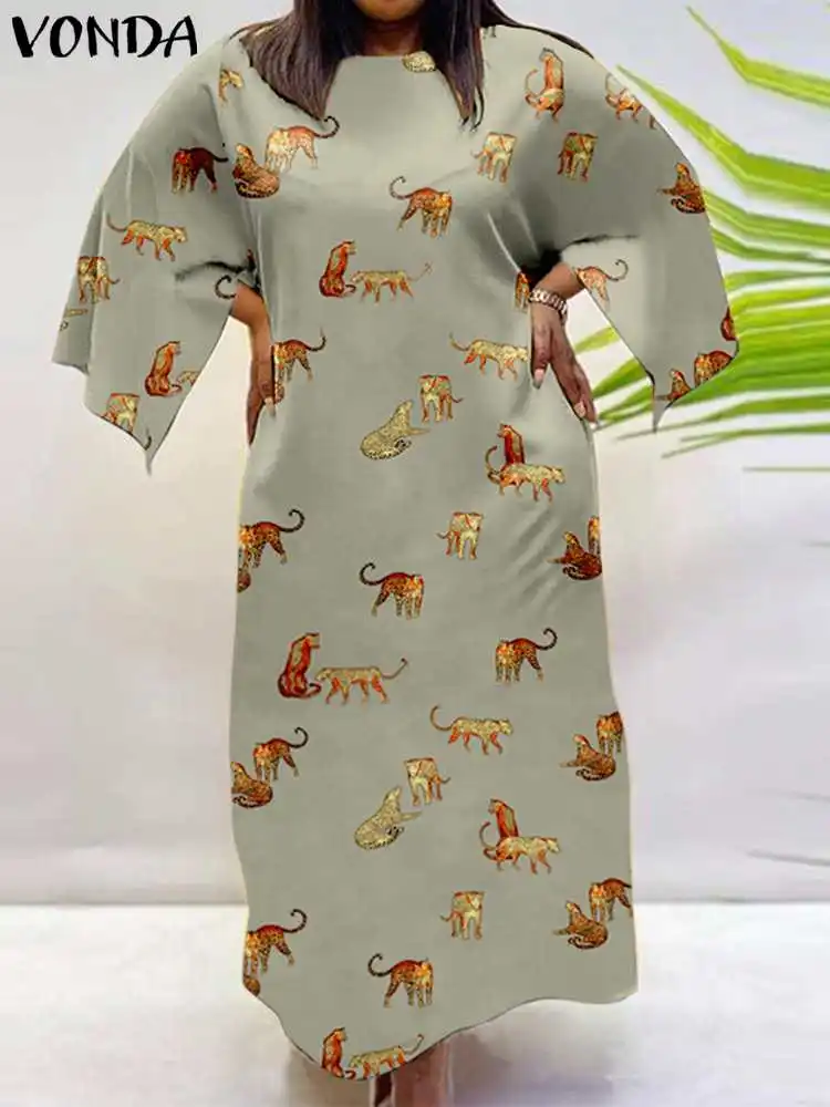 

VONDA Bohemian Women Long Dress 2022 Summer Casual Vintage Maxi Vestidos Baggy 3/4 Sleeve Loose Tiger Printed Party Sundress