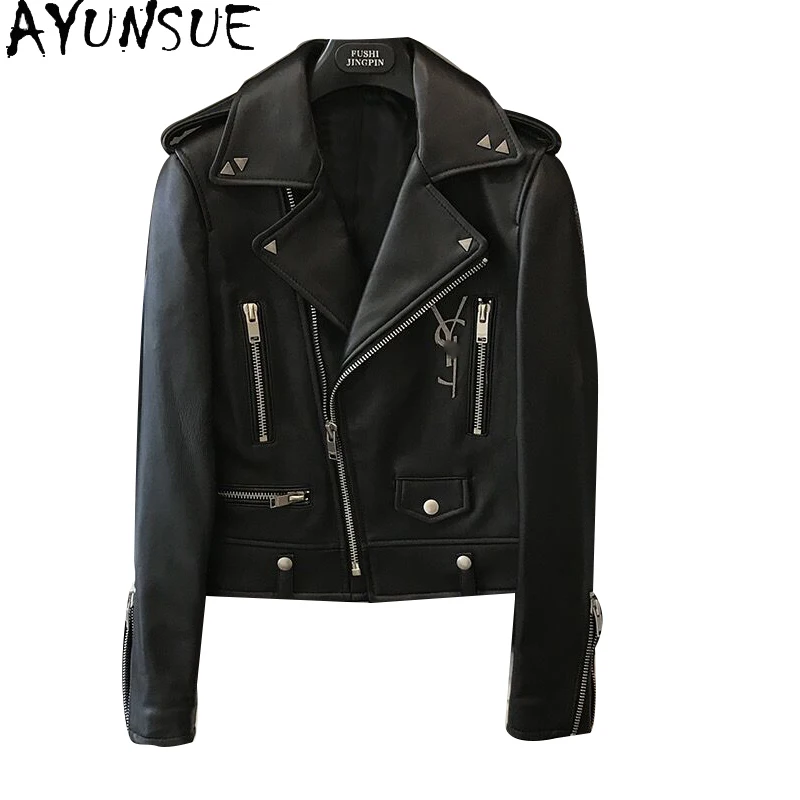 AYUNSUE Sheepskin Genuine Leather Jacket Motorcycle Women's Leather Jacket Spring Coats Women Black Short Jackets Chaquetas