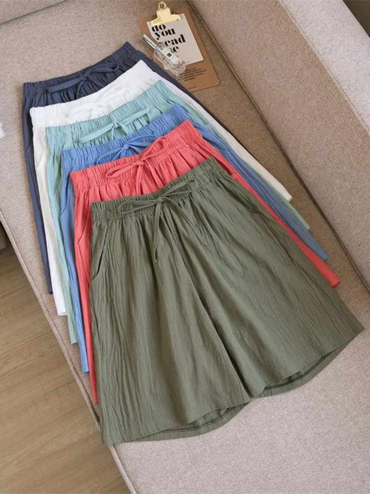 2023 Summer Women's High Waist Shorts Casual Cotton Linen Shorts Breathable Middle Pants Casual Multicolors Wide Leg Pants