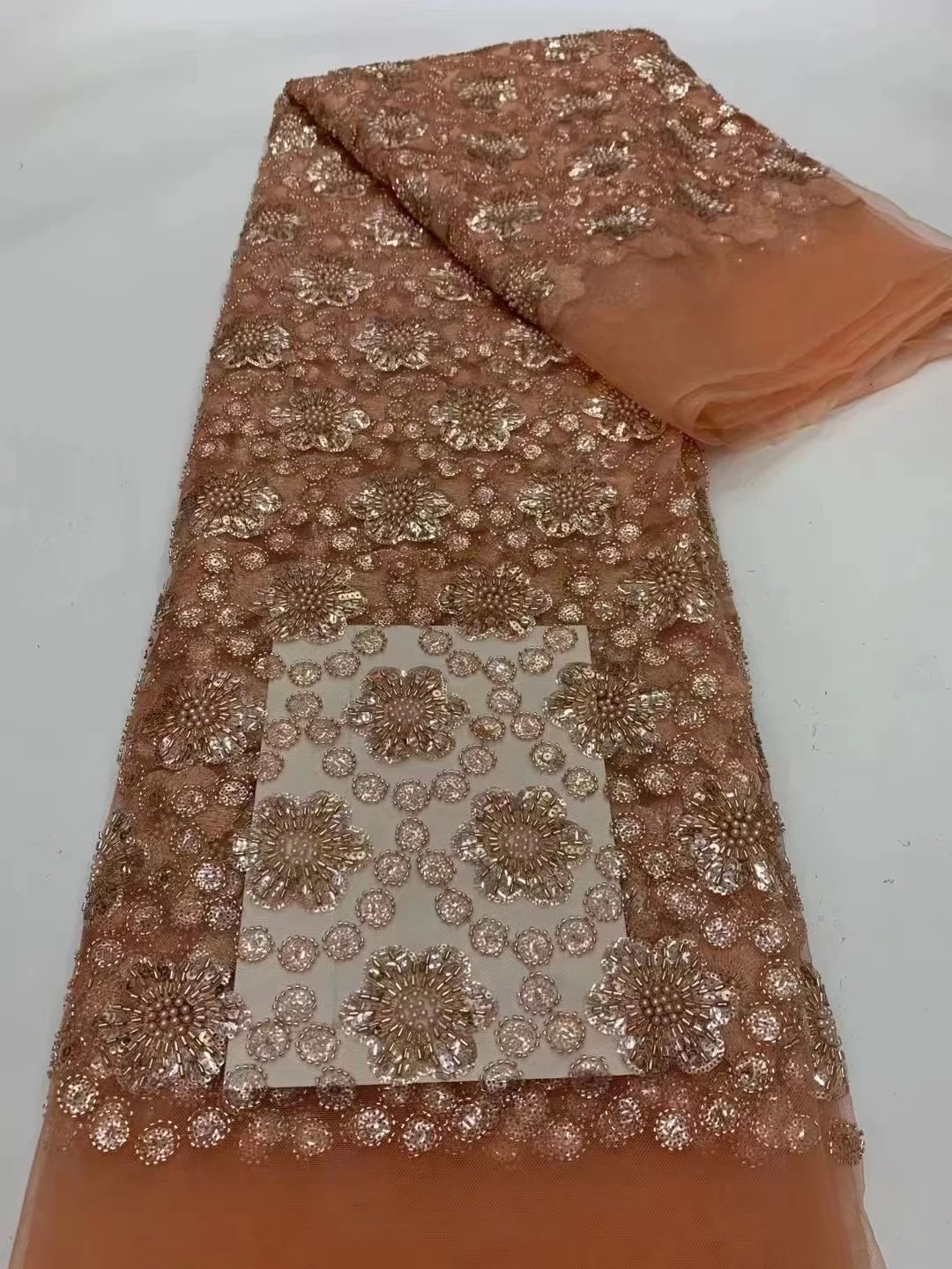 

Orange Sequins Beaded Embroidery French Tulle Lace Fabric 2022 High Quality African Net Lace Fabric For Wedding Dress
