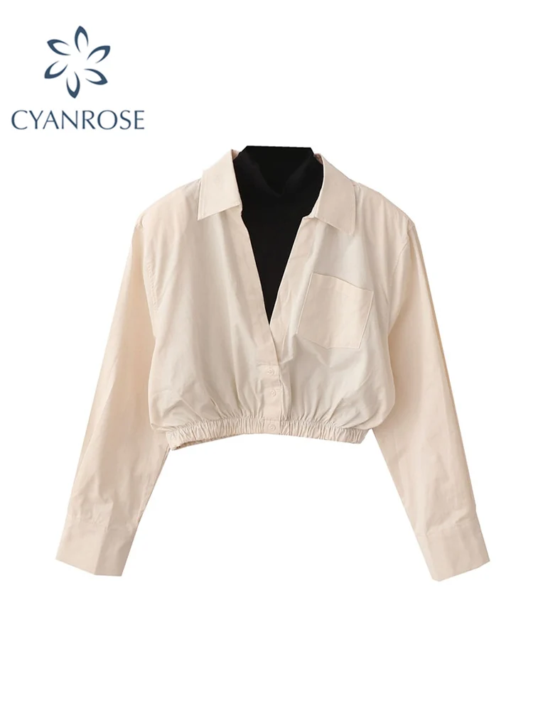 

Винтажные шикарные рубашки с воротником «хомут», женские облегающие повседневные Модные женские укороченные топы с имитацией двух частей ...