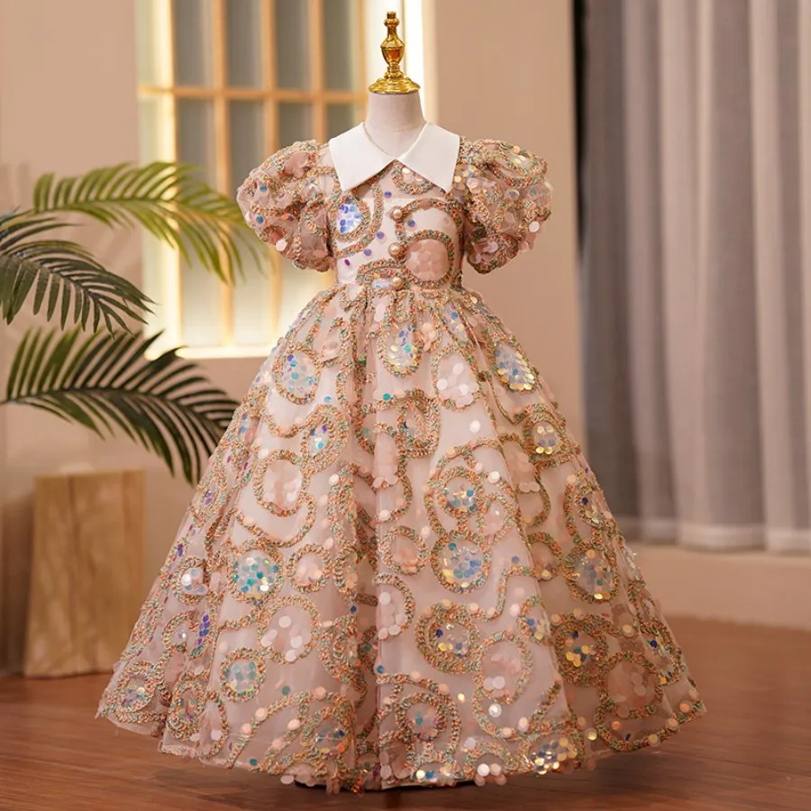 

High End Princess Sequined Puff Sleeve Occasion And Pageant Dress 3 To 16 Year Vintage Girls Elegant Prom And Wedding Party Gown