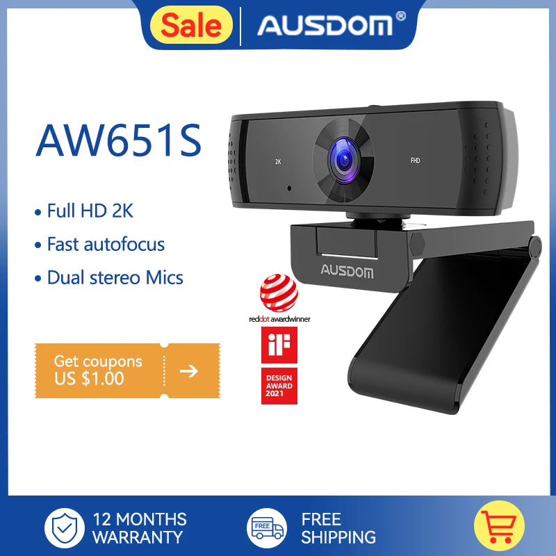 Веб-камера AUSDOM AW651S 2K FHD с автофокусом, 30 кадров/с, USB
