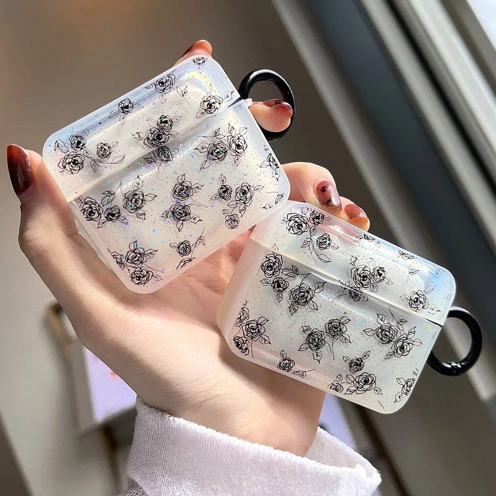 

Black Rose White Daisy Earphone Case for AirPods Pro Fresh Flowers Headphone Cover for AirPods 2 3 AirPod 1/2 Soft Glitter Case