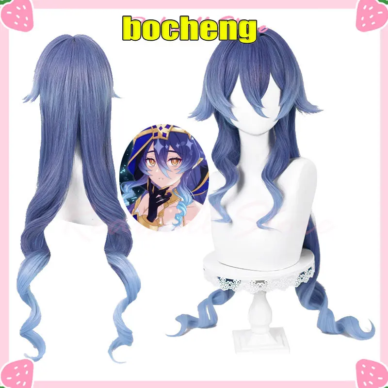 

Genshin Impact Layla Cosplay Wig 100cm Long Curly Ponytails Mixed Blue Side Bangs Hair 2022 Game Role Play Headwear