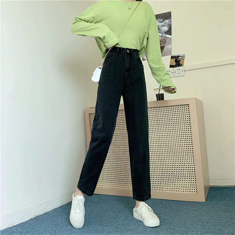 Women Straight Leg Denim Pants 2021 High Waisted Jeans for Female Bottom Vintage Streetwear Fashion Clothes Blue Black Classic