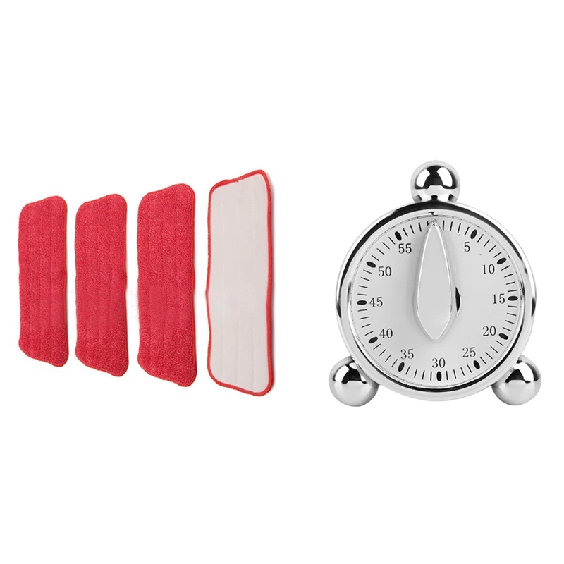 

2 Sheets Replacement Fiber Pads Flat Dust Mop Floor Cleaner & 1 Pcs 60 Minutes Kitchen Mechanical Timer