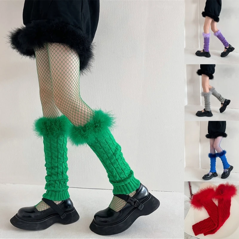 

Casual Stretchy Leg Warmers Women Harajuku Cable Knitted Stretchy Foot Cover Furry Plush Trim Boot Cuffs Long Calf Drop shipping