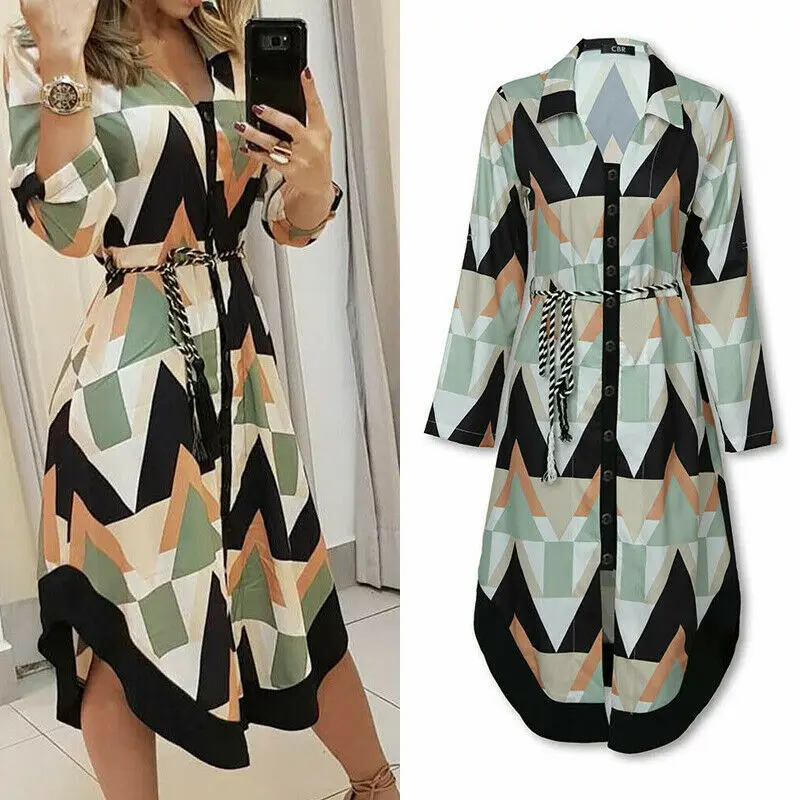 

Spring Summer Lady Cover Up Women's Shirt Dress Wave Print Long Sleeve V-Neck Casual Loose Holiday Midi Dress Ropa mujer Clothes