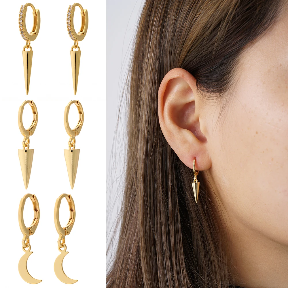

Moon Star Dangle Earrings for Women Gold Color Lock Triangle Paired Piercing Ear Rings Female Punk Jewelry New Fashion 2022