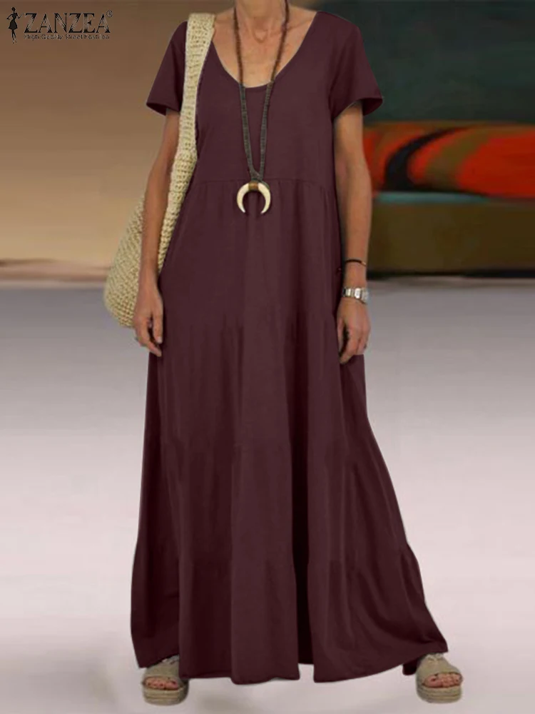 

2023 ZANZEA Short Sleeve V-Neck Vestidos Summer Solid Casual Dress Bohemian Women Elegant Beach Loose Holiday Sundress Long Robe