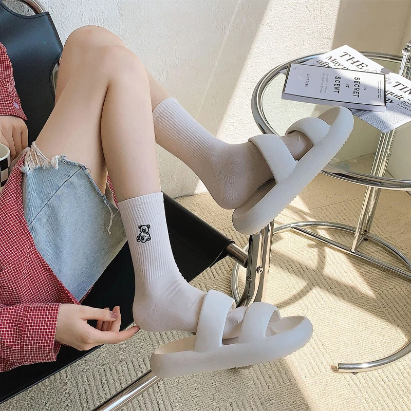 3 Pairs/Box Simple Cartoon Bear Stockings Cotton Harajuku Funny Pack Soft White Black Fashion Long Gifts for Girls Women Socks