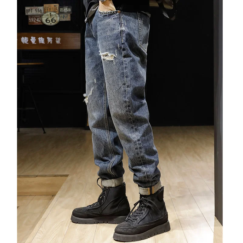 Men Clothing New Straight Loose Cylinder Plus Size Jeans Vintage Comfortable Navy Blue Harun Trousers Women Autumn and Winter