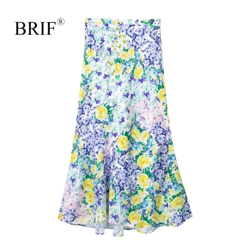 

BRIF Women Vintage Floral Printed Satin Midi Skirt Invisible Side Zip High Waist Long Skirts Casual Girls Streetwear