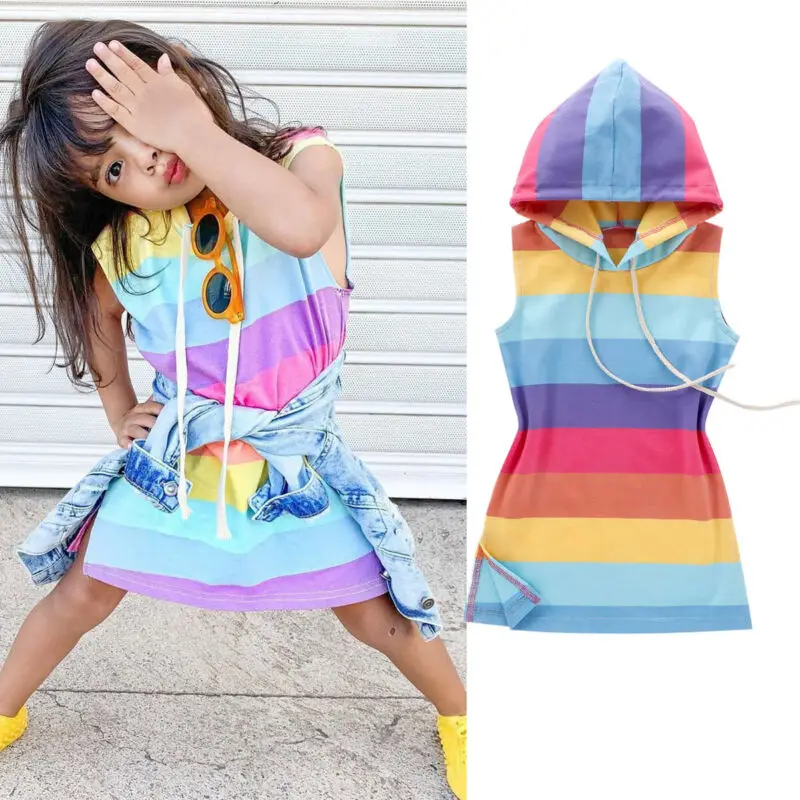 

1-7Y Kids Baby Girl Rainbow Stripe Hooded Dress Summer Straight Sleveeless Dress Toddler Outfit Clothes Children Girls Sunsuit