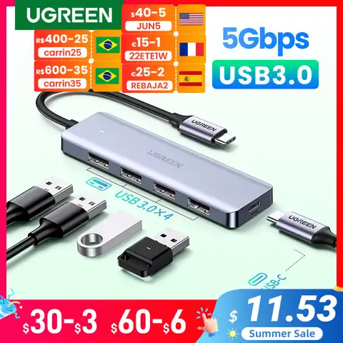 USB-концентратор UGREEN, 4 порта, USB Type-C на USB 3,0, разветвитель, адаптер для MacBook Pro, iPad Pro, Samsung Galaxy Note 10, S10