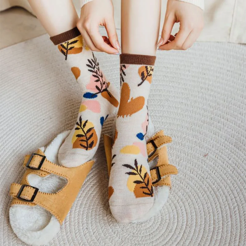 5 Pair Leg Warmers Harajuku Frilly Socks Women Kawaii Slouch Wool Long Winter Socks Set Cute Cycling Flower Print Fashion Lolita