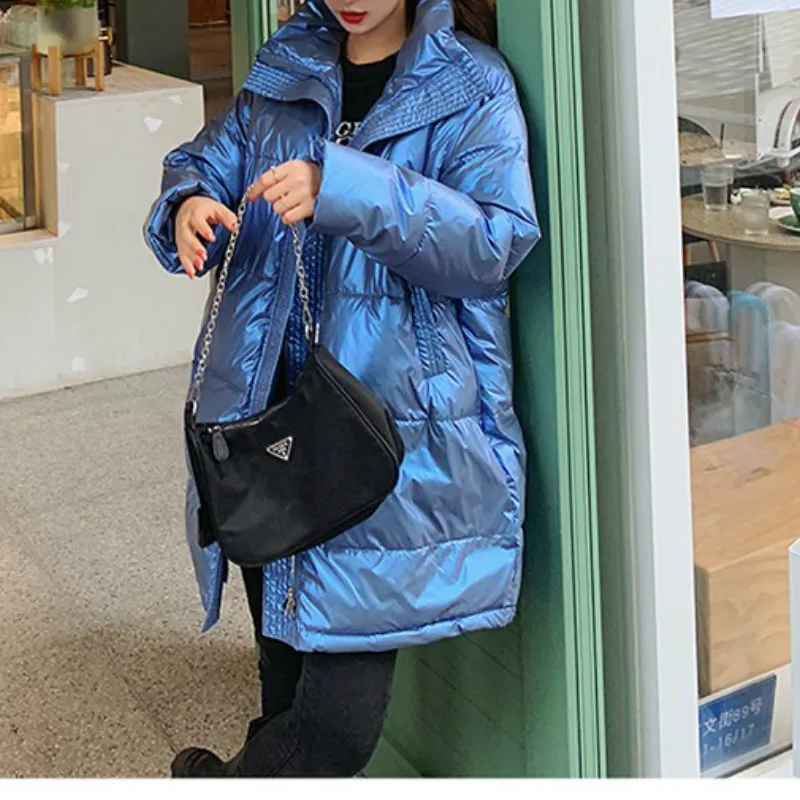 Winter Jacket Ladies 2021 Down Cotton Long Coat Shiny Face Women's Plus Size Bread Coat Stand-up Collar Coat Winter