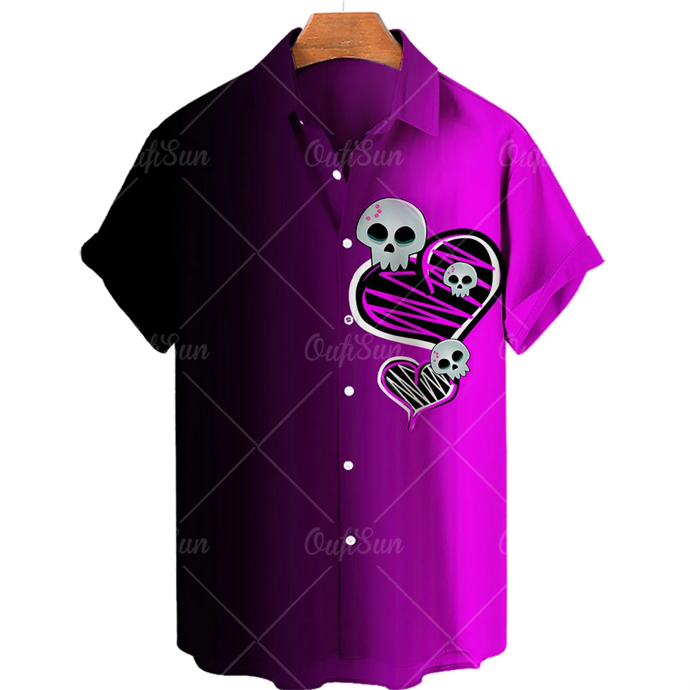 2022 Summer New Men's Skull Print Hawaiian Shirt Fashion Casual Beach Top Single Button Lapel Plus Size 5XL