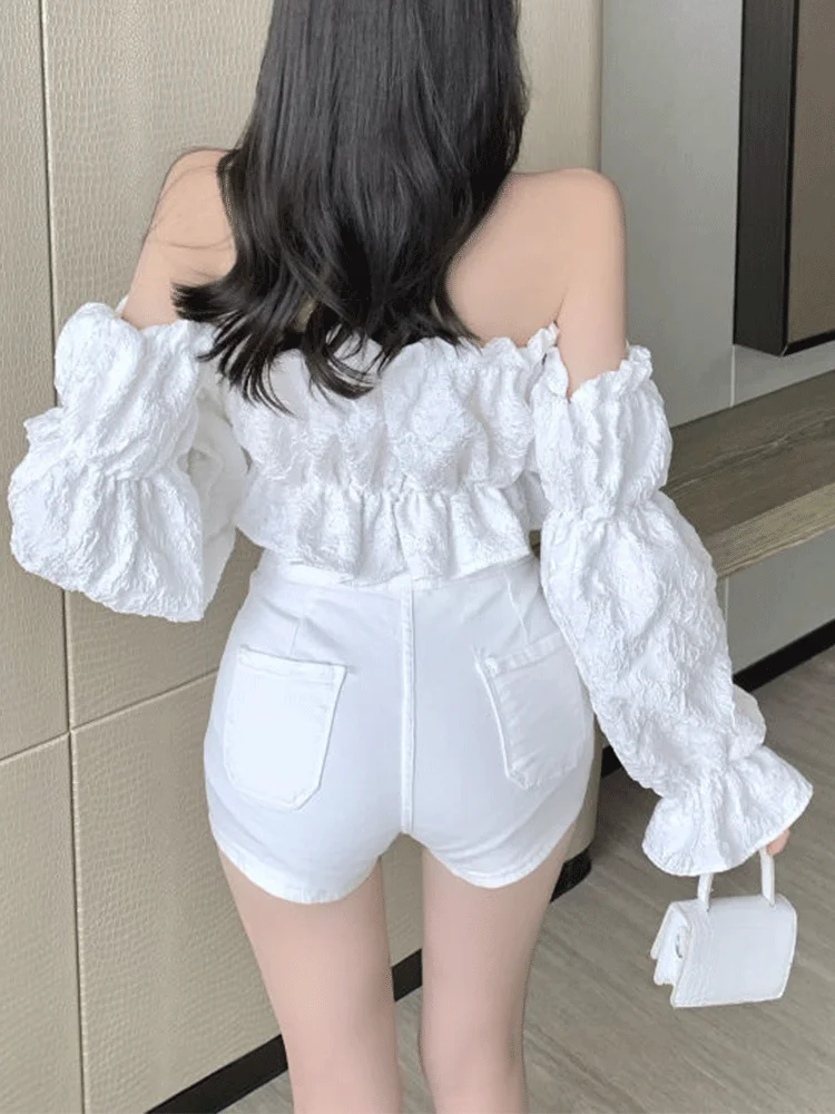 Женский топ с рукавами-фонариками пикантная блузка открытыми плечами Топ