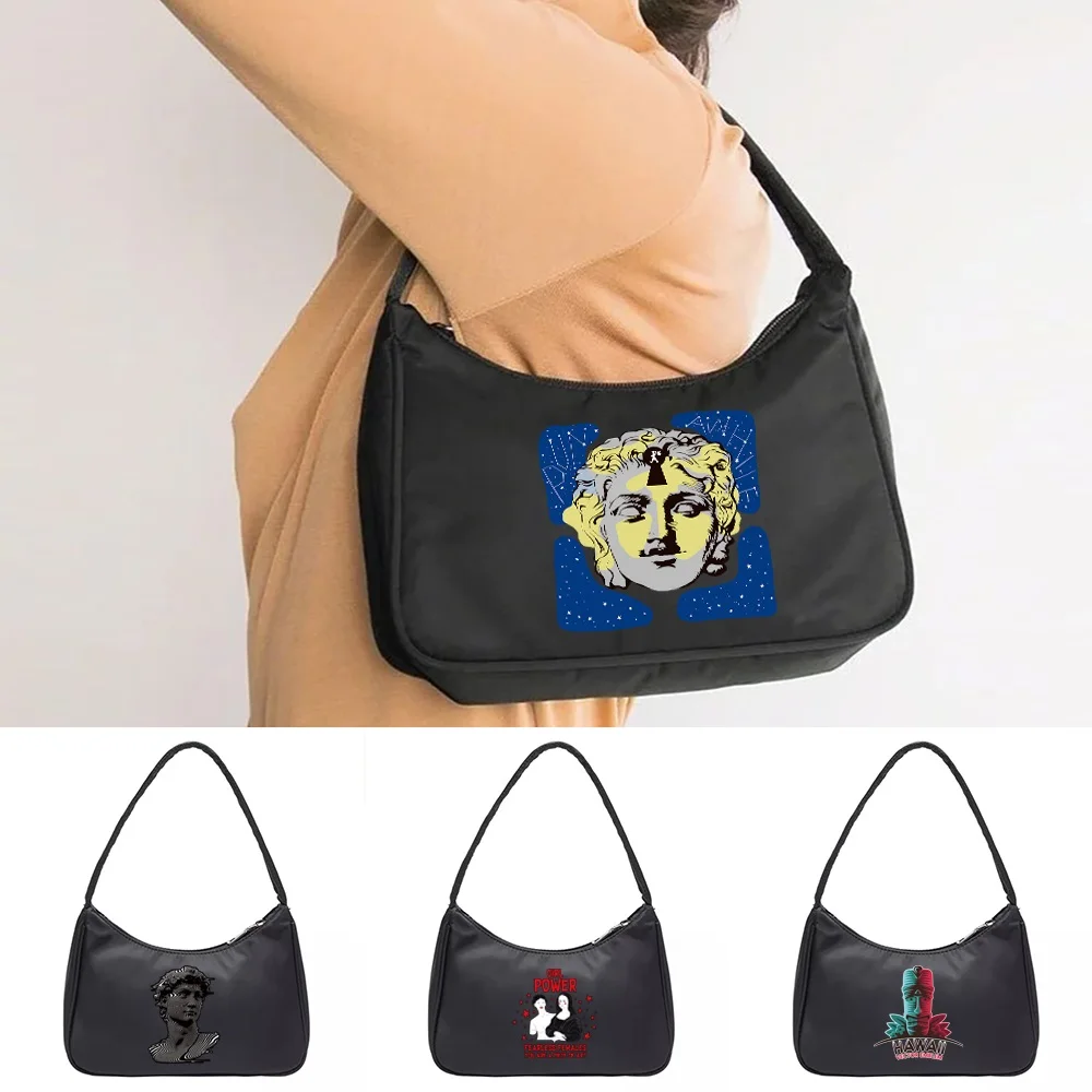 

Female Shoulder Bag Nylon Underarm Bags Niche Design Simple Handbag for Women Coin Purse Sculpture Print Mobile Phone Organizer