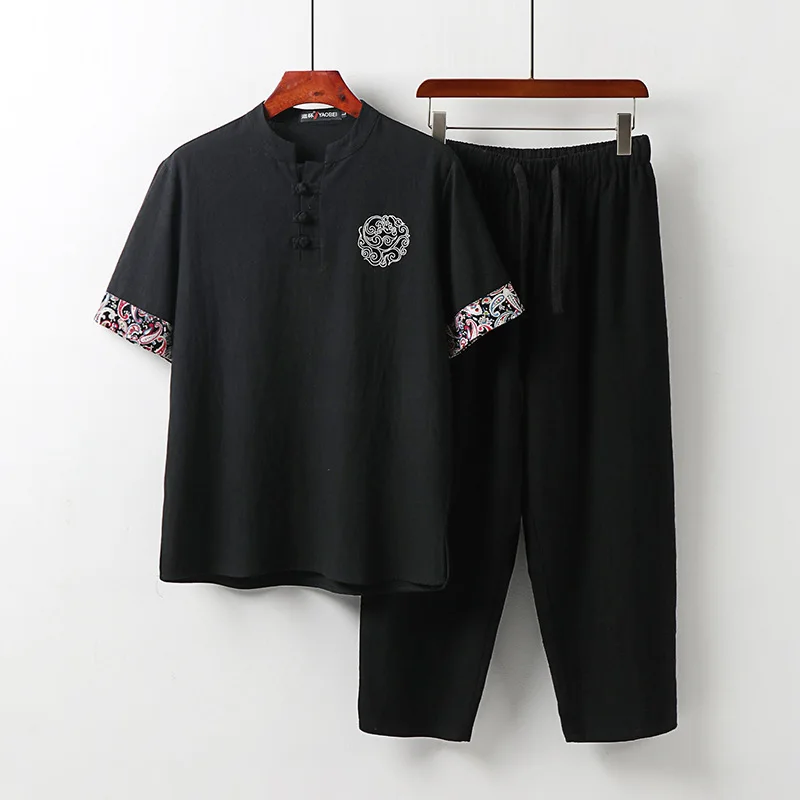 

Рубашка с коротким рукавом, мужской льняной костюм, Летний Тонкий костюм Тан большого размера в китайском стиле из хлопка и льна, костюм-дво...