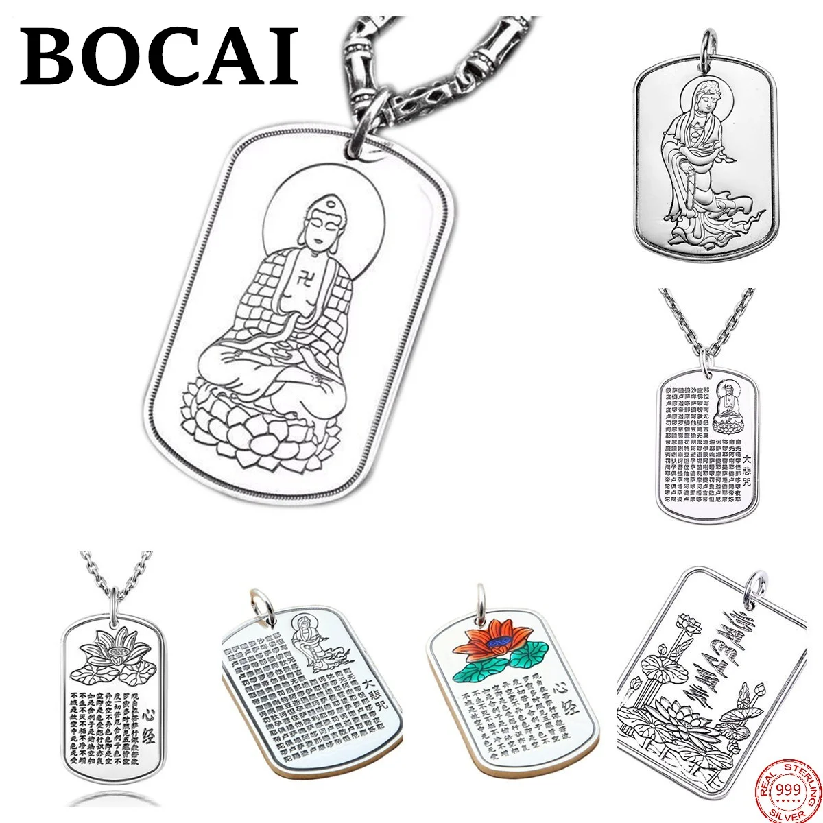 

BOCAI S999 Sterling Silver Pendants 2022 New Fashion Lotus Heart Sutra Tathagata Argentum Amulet Hanging Jewelry for Women Men