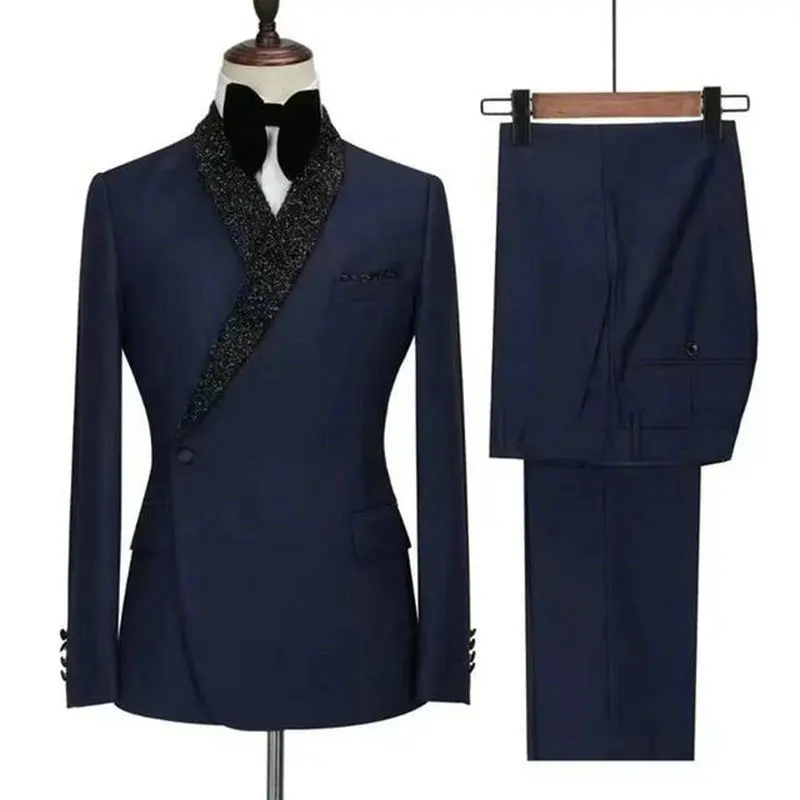 

New Design Navy Blue Double Breasted Men Suits Slim Fit Costume Homme Wedding Tuxedos 2 Pieces Groom Party Prom Best Man Blazer
