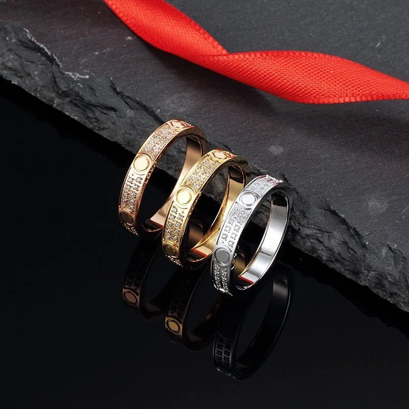 

Factory Direct Sales Khaki Titanium Steel Ring Two Three-Row Drill Wide and Narrow Diamond-Embedded Starry Rose Gold Couple's Ri