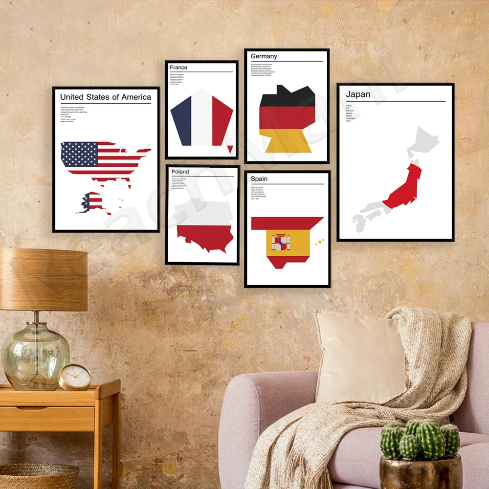 

Germany - Japan - Poland - France - Spain - United States of America Minimalist Geometric Map Poster Canvas Print