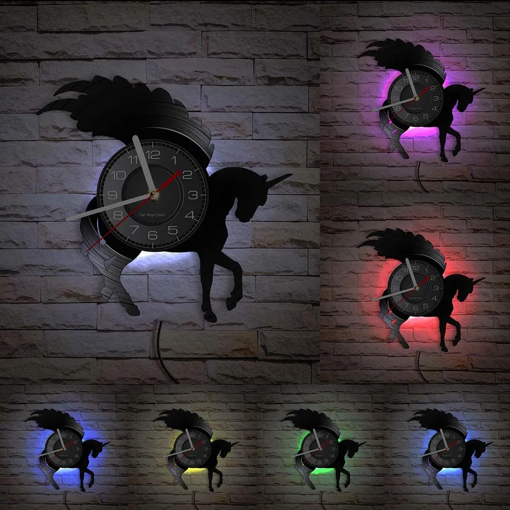 Блестящие настенные часы в виде единорога с крыльями виниловые для записи