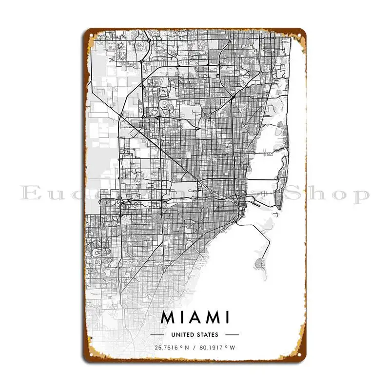 

Карта города Майами, белая металлическая вывеска, кинотеатр, гараж, классический паб, печать, жестяной знак, плакат