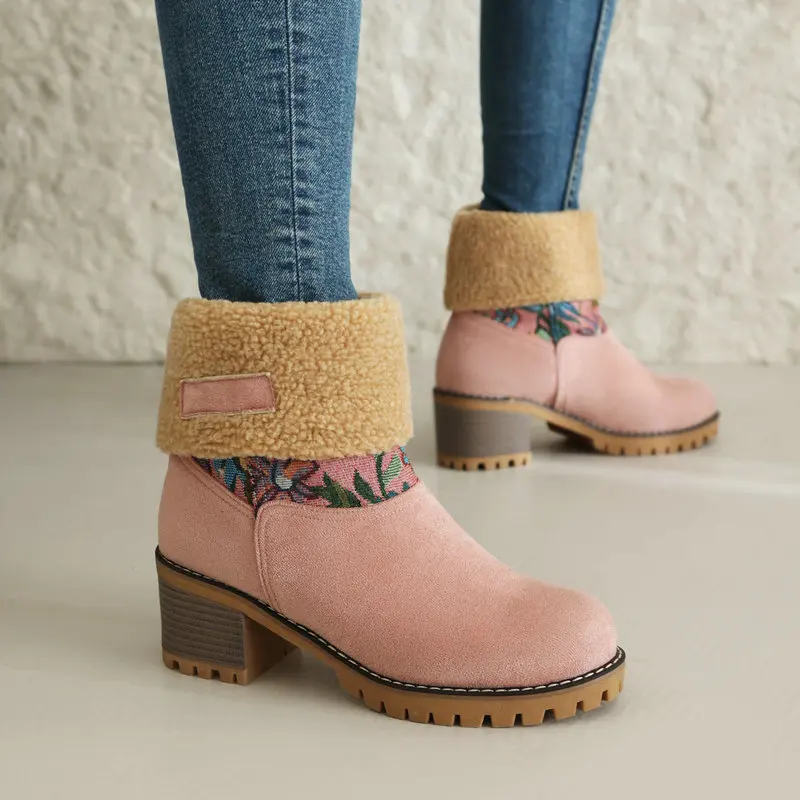 

Flower Jacquard Pattern Ethnic Bohemian Women Winter Warm Snow Boots With Faux Fur Folded Plush Tube Chunky High Heels Shoes