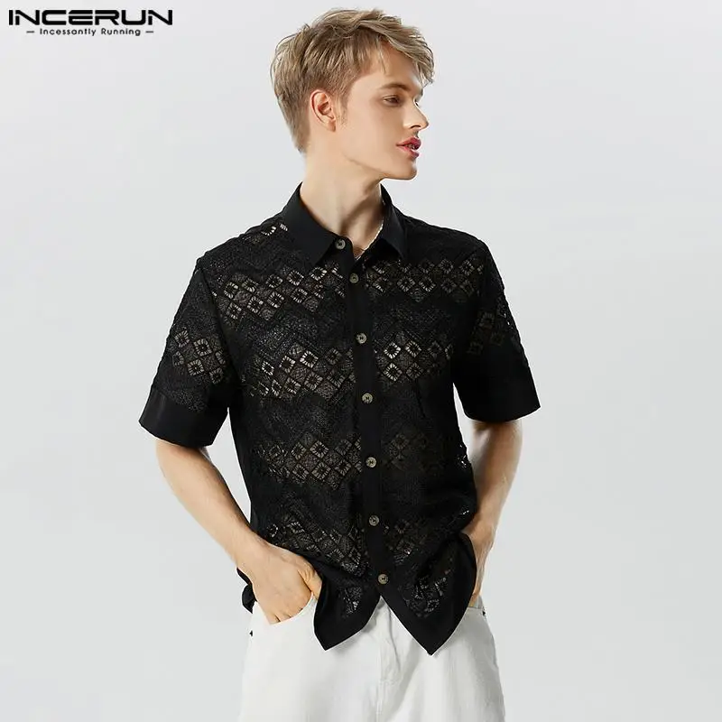 

INCERUN Men Shirt Mesh Patchwork Hollow Out See Through Men Clothing Streetwear Sexy 2023 Lapel Short Sleeve Fashion Camisas