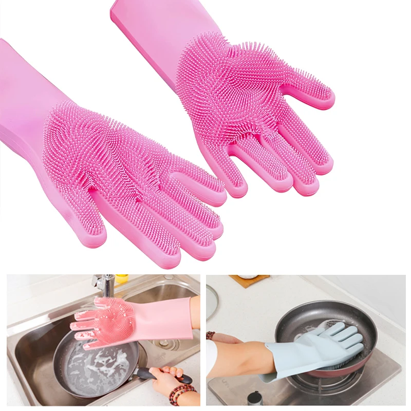 1 Pair Silicone Dishwashing Gloves Rubber Scrubbing Gloves Sponge Cleaning Brush for Dishes Housework Kitchen Cars