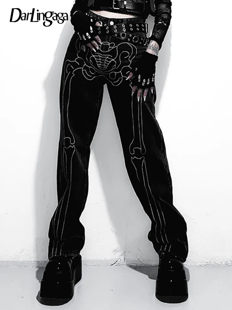 

Darlingaga Streetwear Skeleton Print Grunge Women's Jeans Low Waist Pants Denim Harajuku Vintage Trousers Gothic Clothes Outfits