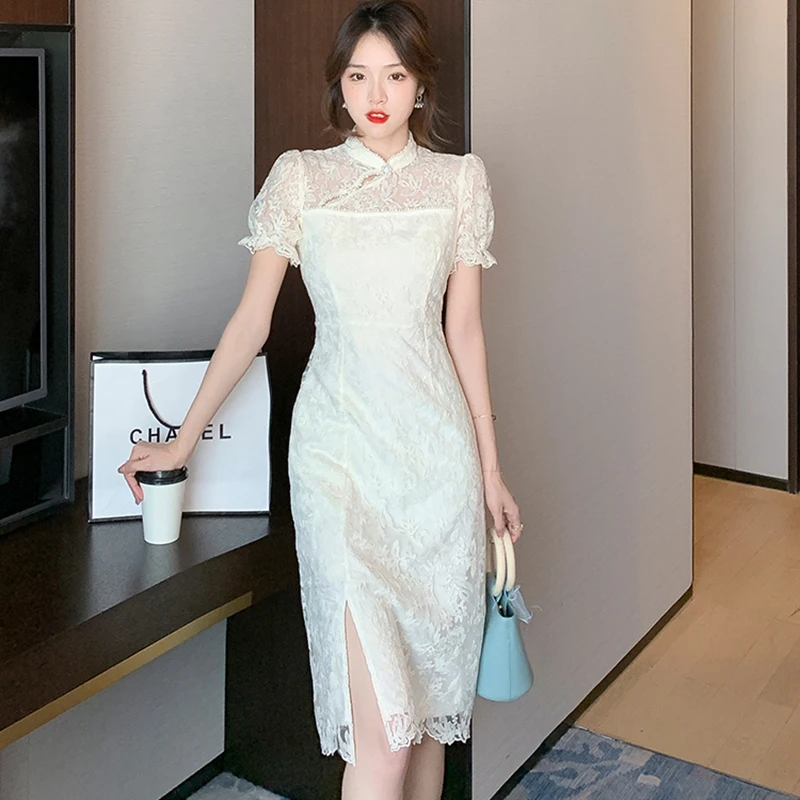 

2023 White Lace Sexy Split Night Club Midi Dress Summer Puff Sleeve Casual Chic Dress Women Elegant Bodycon Party Evening Dress