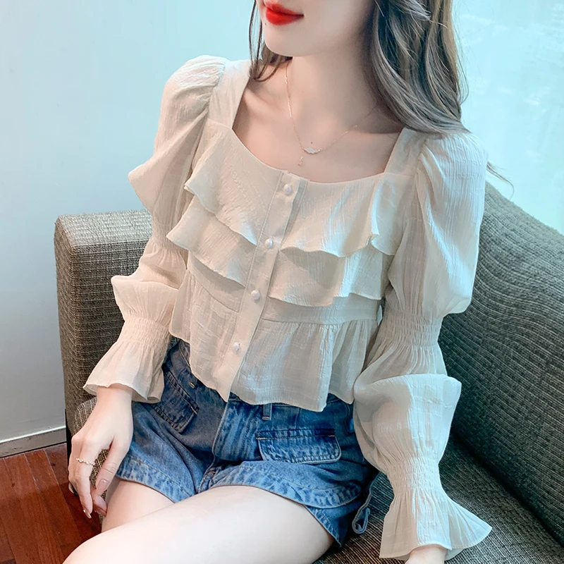 

Chiffon Women's Shirt Summer 2023 New Solid Blouses Ruffles Slim Casual Long Sleeve Top Square Neck Ladies Clothing YCMYUNYAN