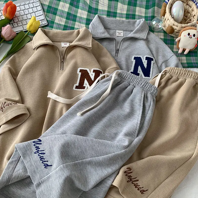 Plus Size Waffle Short-Sleeved T-shirt Two-Piece Women's Summer Plump Girls Loose Shorts Sports and Leisure Suit