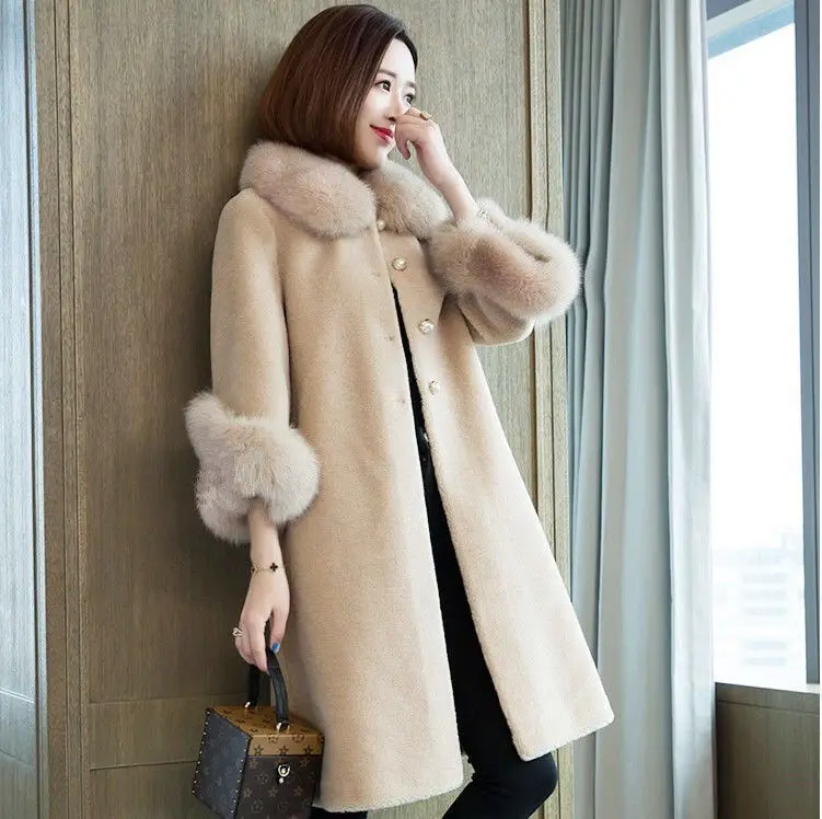 Autumn  winter 2022 faux lamb fur coat women's medium long fox fur collar cashmere faux fur coat