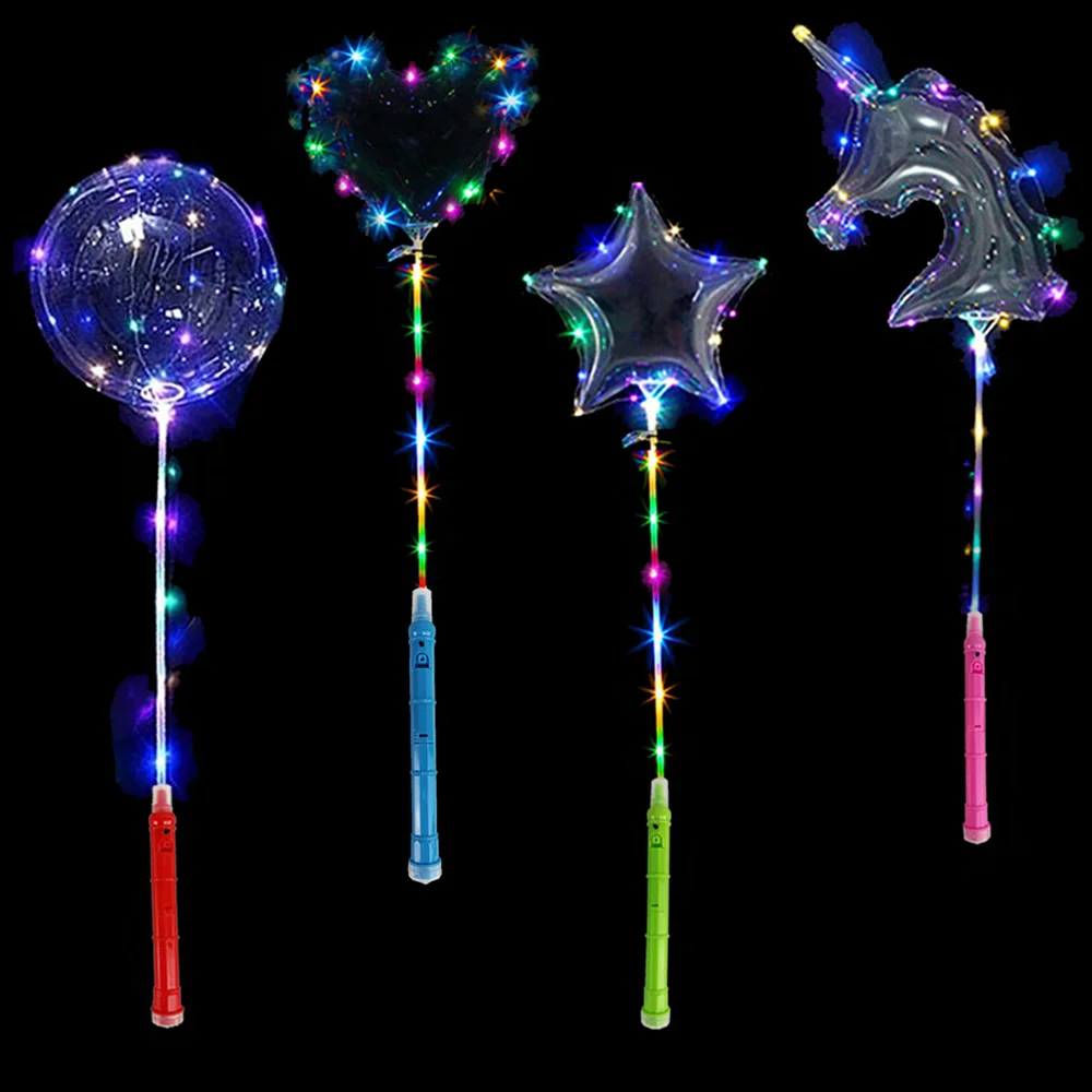 

5set LED Light Up Bobo Balloon with Sticks Flashing Handles Heart Star Unicorn Transparent Bubble Balloons For Party Decoration