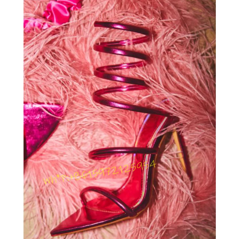 

Purple Metallic Pointy Heels Wrap Sandals Women Trend Puttee Party Thin Strap High Heels Shoes Female Fuchsia Large Size Sandals