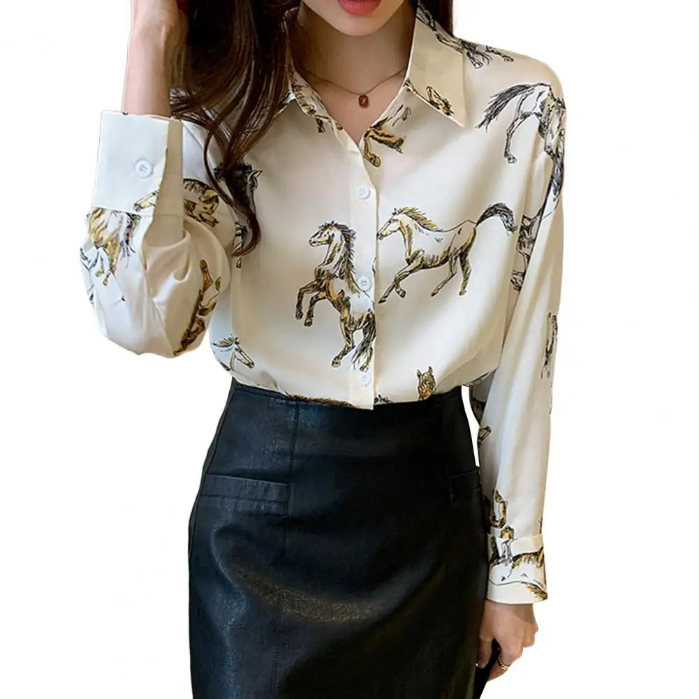 

Spring Women Shirt Horse Print Lapel Single-breasted Long Sleeves Commute Loose OL Style Age Reducing Women Blouse Lady Clothes