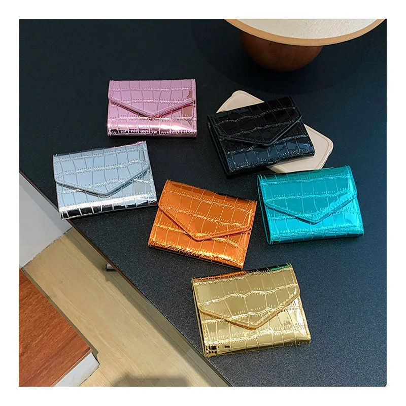 

Women Luxury Shiny Glossy Crocodile Wallet Mini Patent Leather Purse Money Clip Ladies Stone Pattern Credit Card Holder Wallet