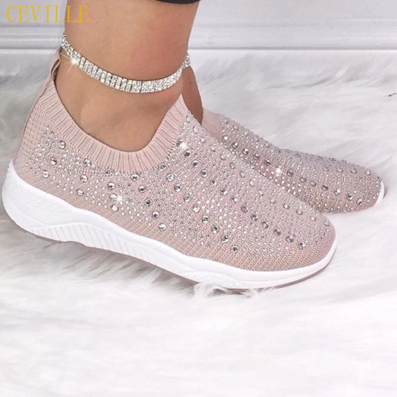 Ceville Knit Mesh Crystal Sneakers Women Comfortable Breathable Flats Shoes for Women 2022 Plus Size Casual Sports Shoes Female