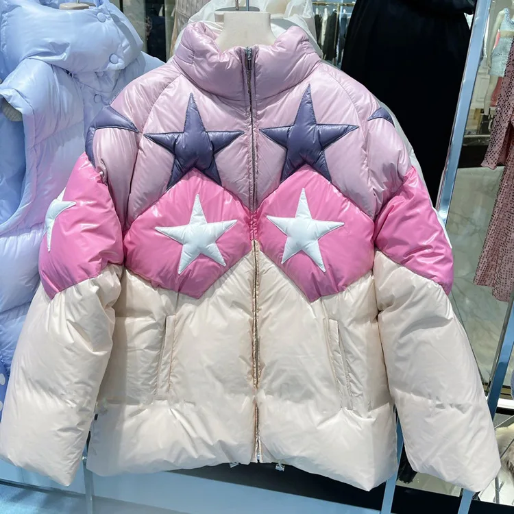 

Autumn New Sweet Pink Bread Coat Long-sleeved Overcoat Female Colorblock Hooded Women's Puffer Jacket Down Jacket Winter 2022