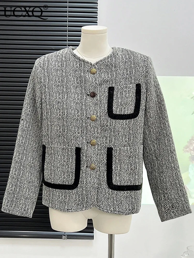 

Пальто UCXQ женское твидовое контрастное с карманами, модная двубортная куртка с длинным рукавом, Корейская смесь, Осень-зима 2023, 3A5756