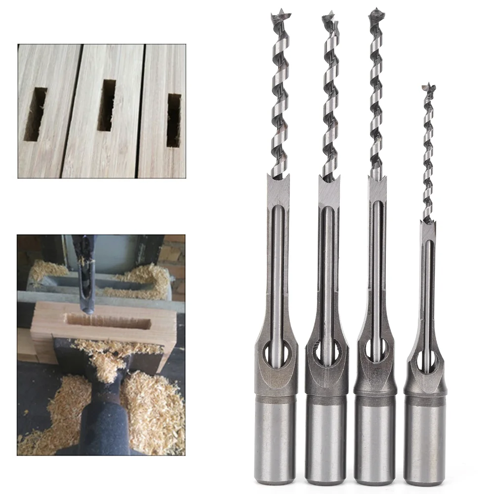 4Pcs Square Hole Drill Bits Wood Mortising Chisel Set Wooden Drilling Hand Tools 6.4/8/9.5/12.7mm